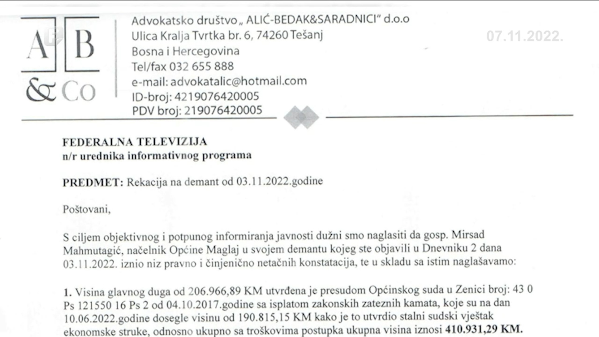 Reagovanje na demant načelnika Općine Maglaj